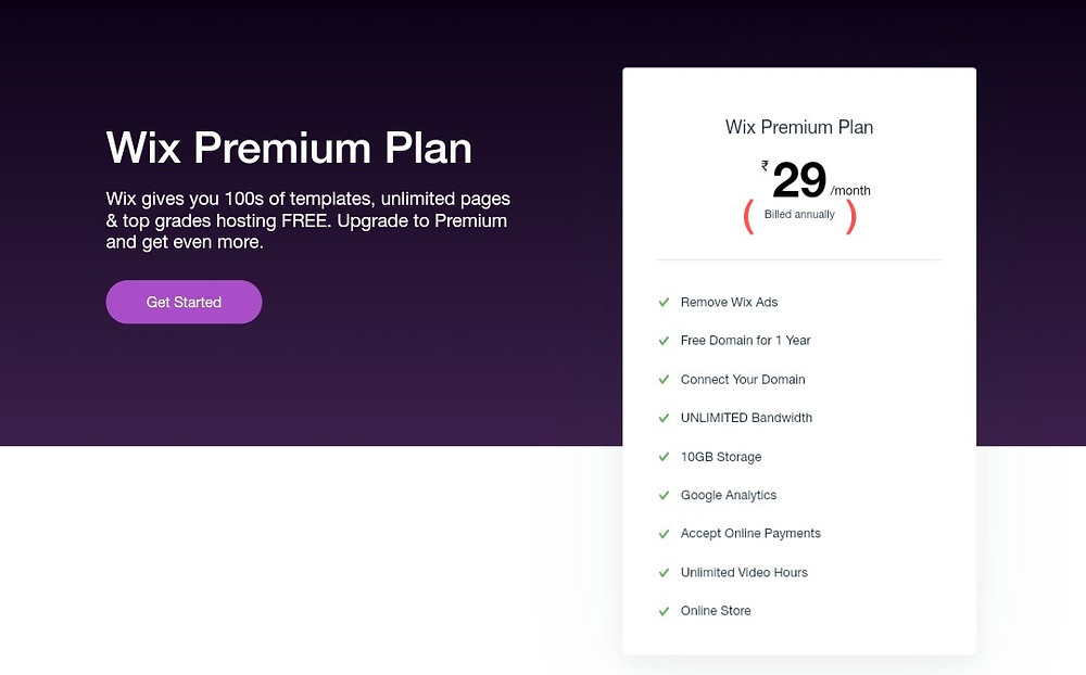 Wix Premium Plan Pricing in India